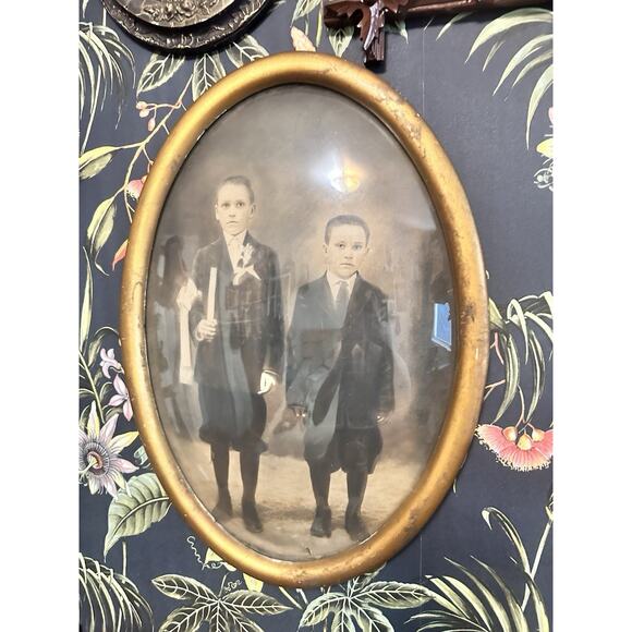 Antique Convex Bubble Glass Oval Picture Frame Two Boys Communion Gold Wood - Picture 1 of 6